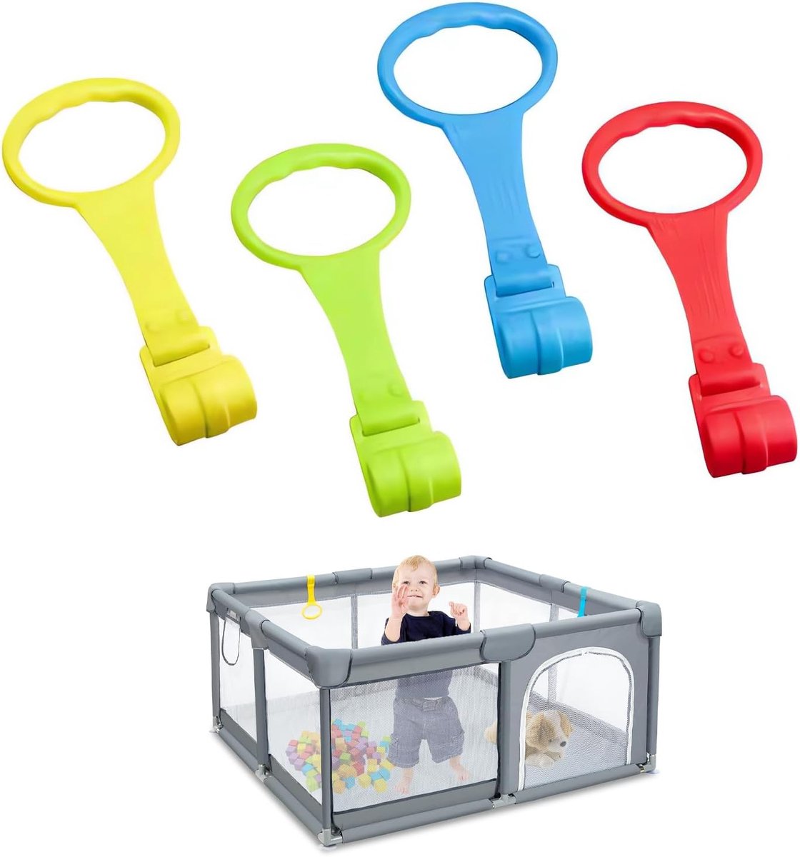 Ringen voor kinderbedden, 4 stuks ringen baby handringen handvat afneembare handringen loophulp baby voor baby peuter voor benen oefening opstaan oefening in kinderbedden reisbedden box