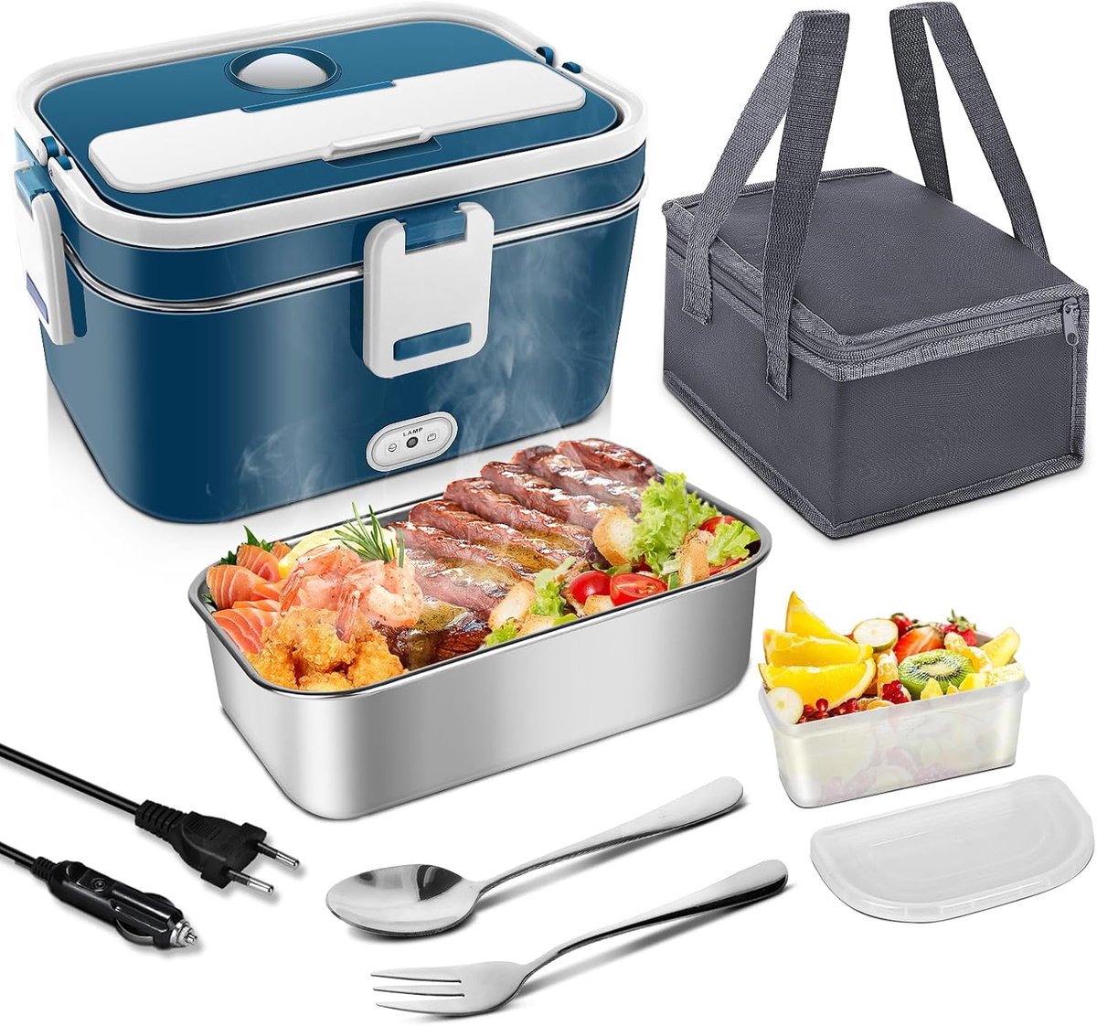 100 W elektrische lunchbox, 3-in-1, 12 V/24 V/220 V, broodtrommel, elektrisch voor auto, vrachtwagen, kantoor, verwarmde lunchbox, draagbare uitneembare warmtebox met roestvrijstalen inzetstuk