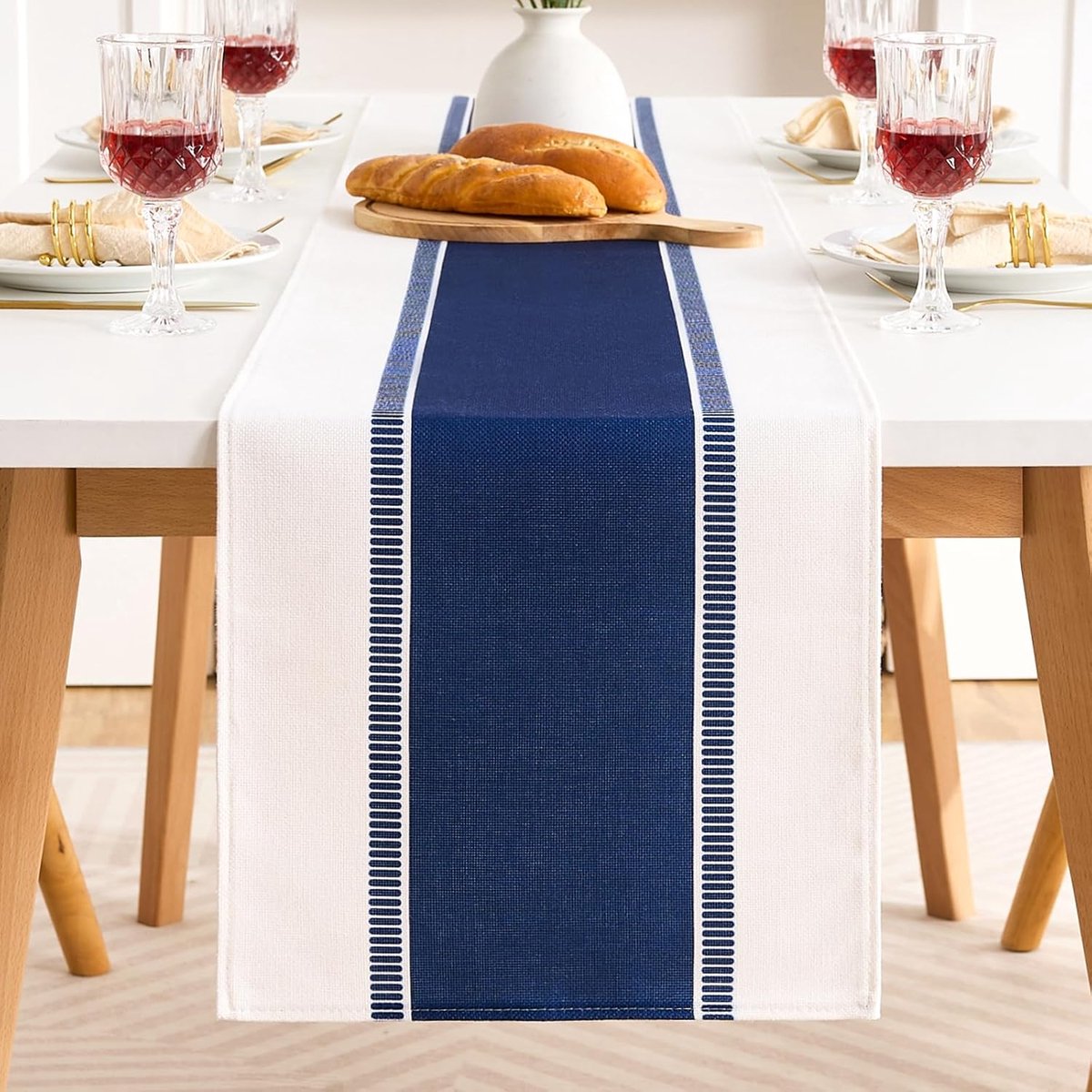 Tafelloper met blauwe strepen, decoratief, moderne tafeldecoratie 40 x 140 cm, rechthoekig tafelkleed, afwasbaar, van katoen-linnen stof, tafelloper, natuur, elegant, voor eetkamer, eettafel