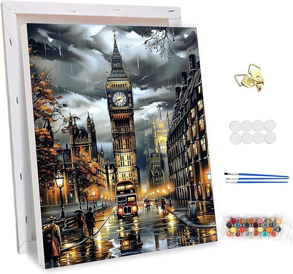 Big Ben Schilderen op Nummer met Lijst, Londen Straat Nacht Tekenkit, DIY Handgeschilderde Olieverf, Acryl Verf Decoratie 30x40cm