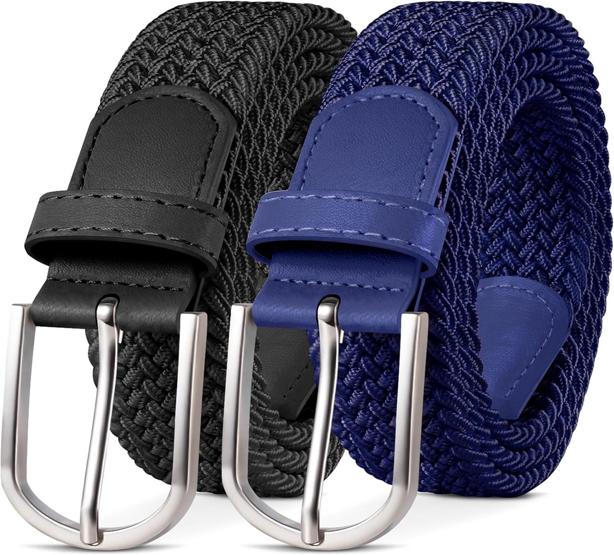 2-pack elastische riem, stoffen gevlochten riem voor dames en heren 33 mm breed, maten 90–140 cm