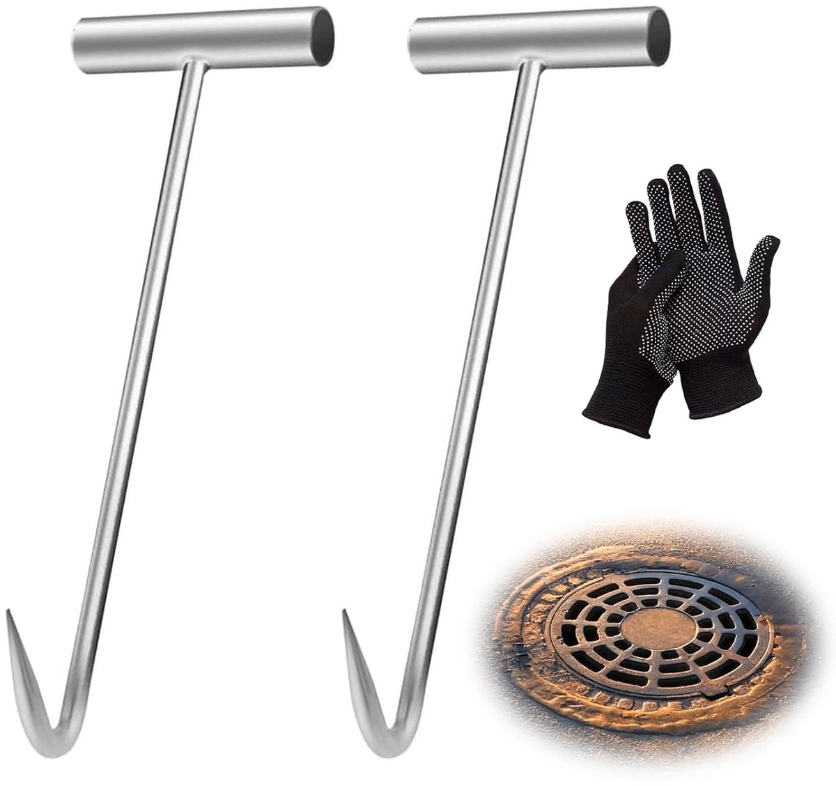 2 stuks hefhaken voor riooldeksel, 30 cm | Kijkdeksel met zwarte handschoenen, roestvrij staal, voor mannengat, draagbaar gereedschap voor het ophangen van vlees