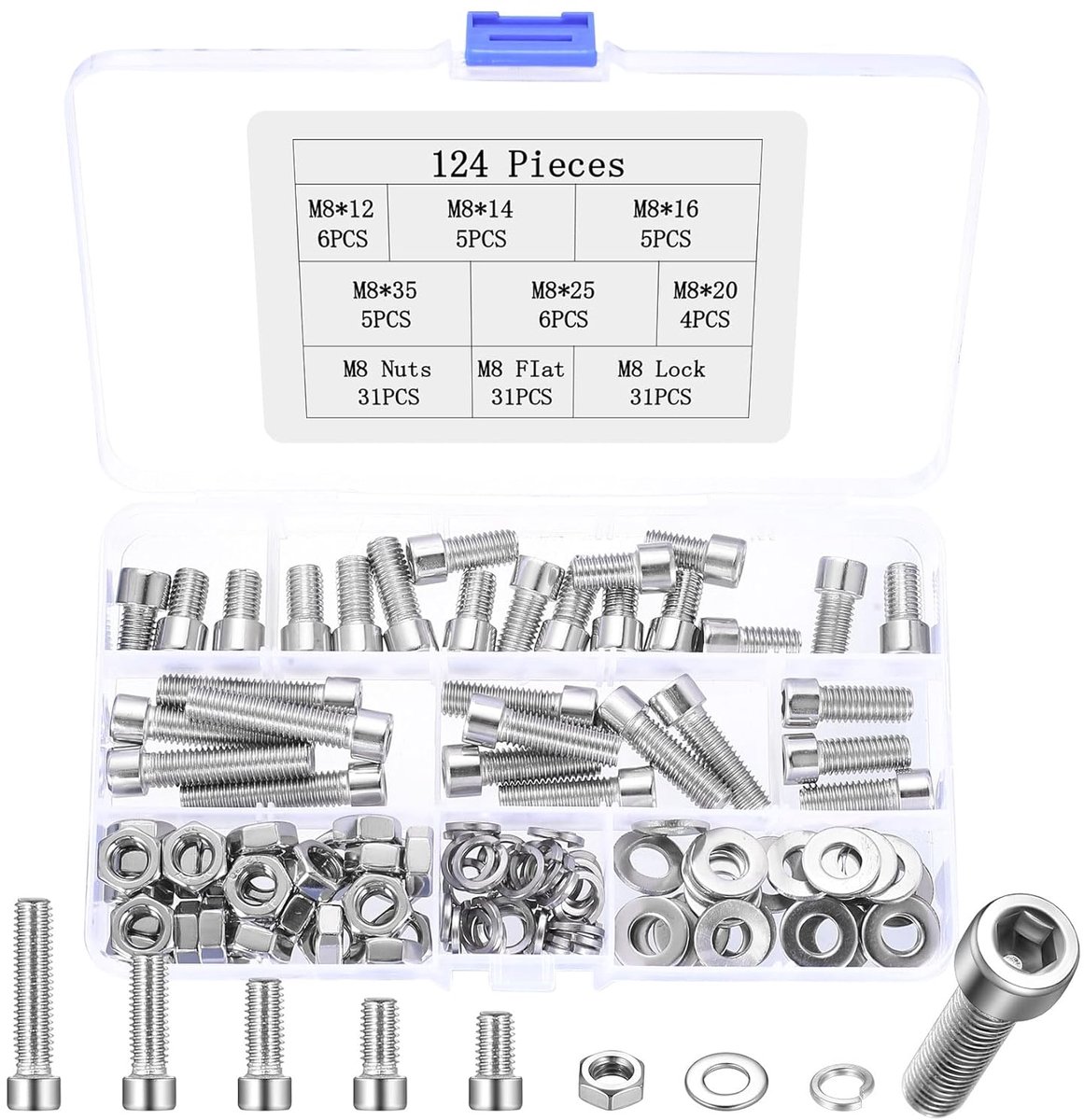 124 stuks M8 Schroevenset RVS, Zeskant- en Cilinderschroeven met Binnenzeskant, Inclusief Moeren en Sluitringen, Assortiment Machineschroeven