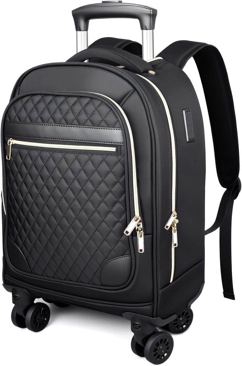 Rugzak met wielen voor dames, 15,6 inch - lichte reistrolley voor handbagage (52 x 32 x 20 cm) - waterdichte laptoprugzak met telescopische handgreep voor werk, universiteit en vliegtuigen (Zwart)