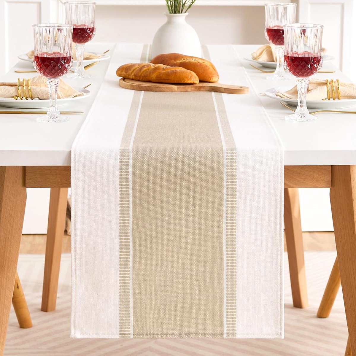 tafelloper met brede beige strepen, katoen en linnen, 40 x 120 cm, decoratief, woonkamer, rechthoekig, rustiek, wasbaar, voor hoofd- of bijzetmeubels of console