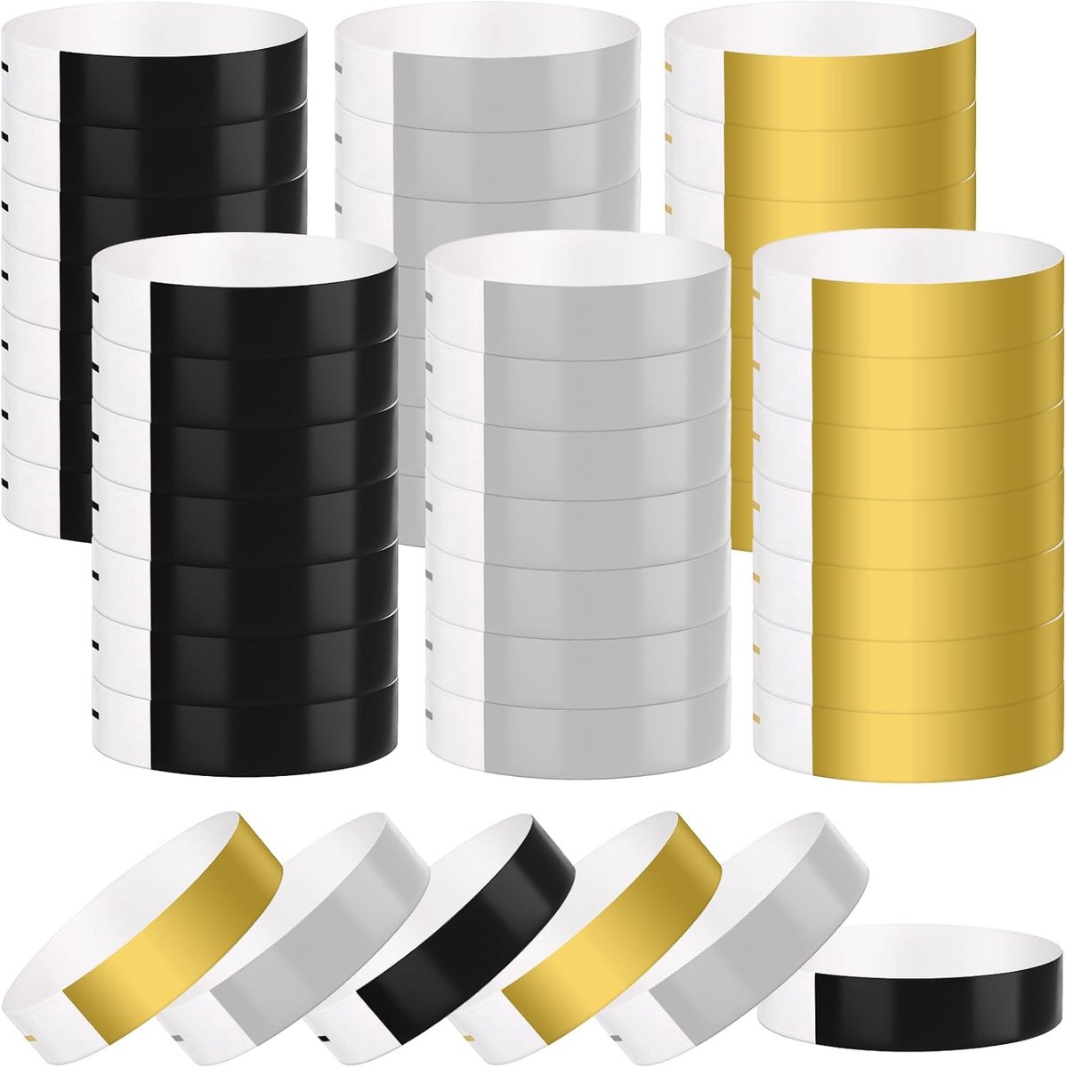 300 stuks papieren polsbandjes voor evenementen, waterbestendige papieren polsbandjes, kleverige rollen armband voor evenementen, clubs, muziekfestival, concert (zilver, goud, zwart)
