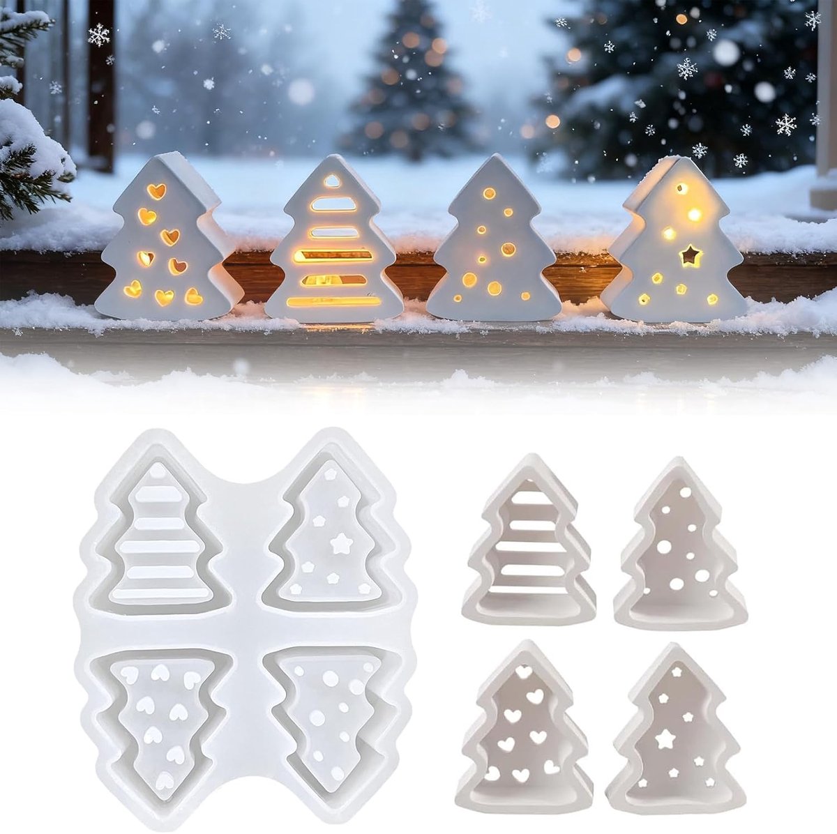 4 stuks kerstboom siliconenvormen Gietvormen, siliconenvorm kerstboom, siliconenvormen gietvormen kerstmis, gietvormen siliconen voor DIY handwerk, kaars, zeep