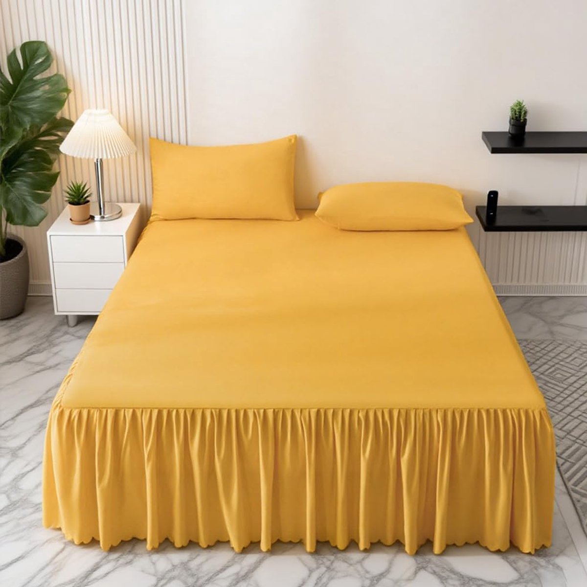 Volant Bedhoes, elegante bedrok, met ruches, hoogte 35-40 cm, omwikkelbare bedrok om om te wikkelen, bedvalant overtrek voor lattenbodem, goudkleurig