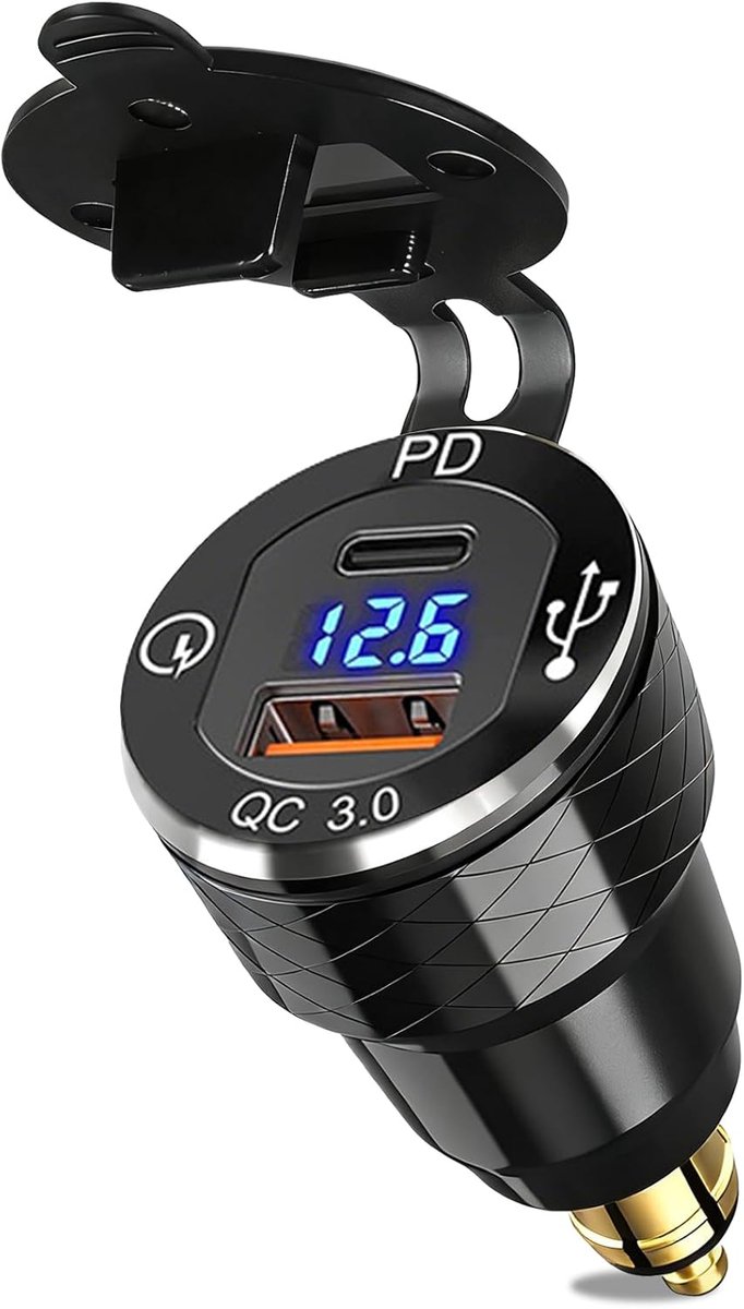 Oplader voor motorfiets, DIN 30 W PD en 18 W, QC Dual USB, snel, DIN-aansluiting Hella | Met led-voltmeter, sigarettenaansteker-adapter, waterdicht, van aluminium, compatibel met 12 V/24 V BMW, Ducati, Triumph
