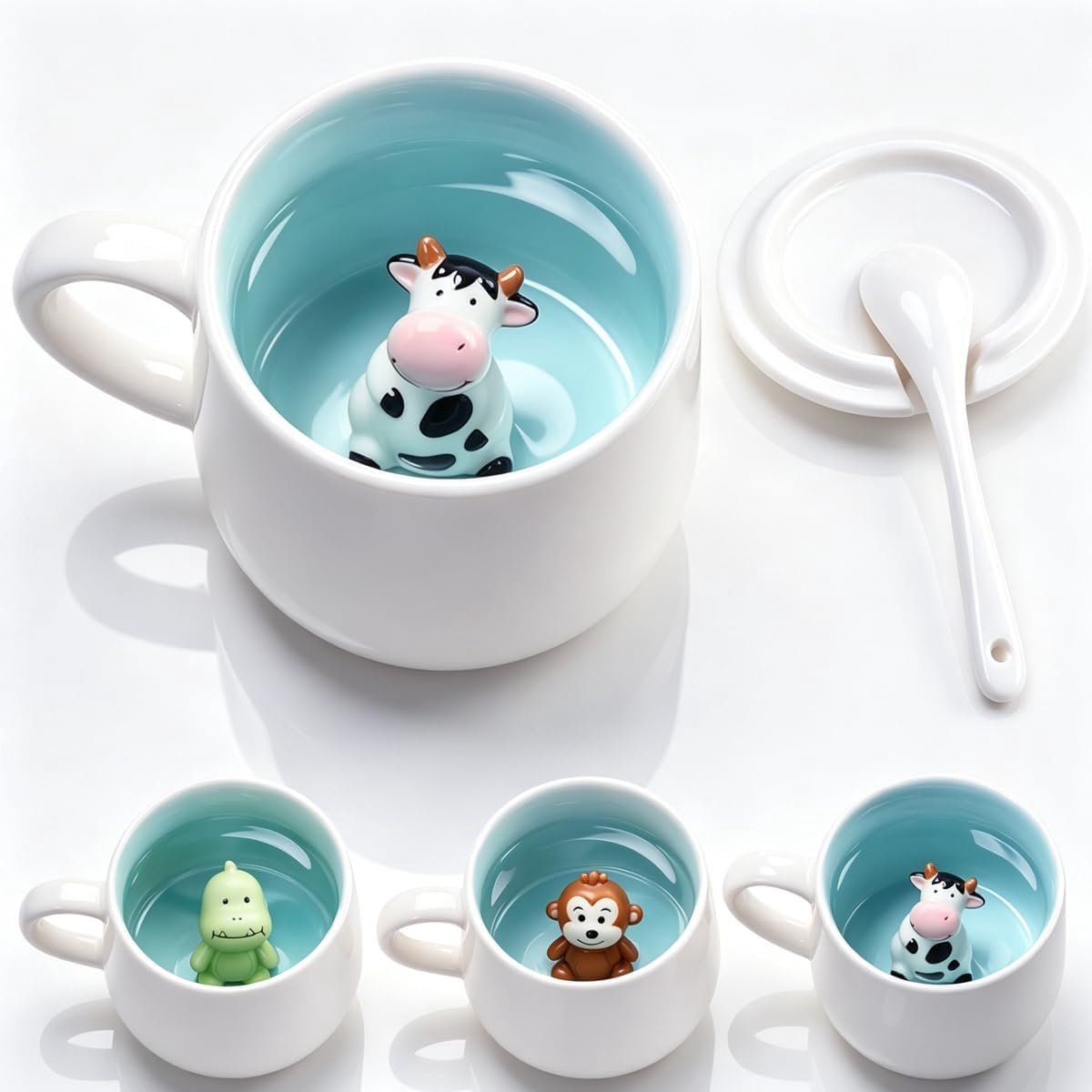 mok met 3D-dier aan de binnenkant (350 ml) – 3D-mok met deksel en lepel, grappige 3D-dierenmokken van keramiek, mok met 3d dier aan de binnenkant, 3D-dierenbeker met lepel (koe)