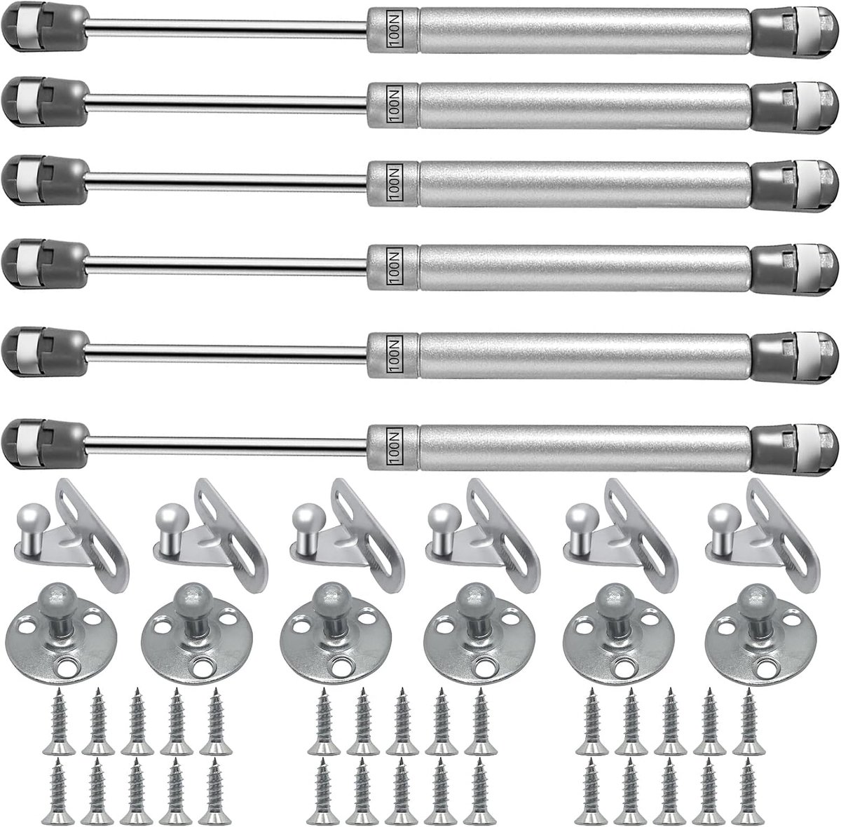 6 stuks gasveren, 100 N / 10 kg, zuigers voor keukendeuren met schroeven, schokdemper voor deuren, gasveer, geschikt voor kasten, opslag, boxen, eportehout
