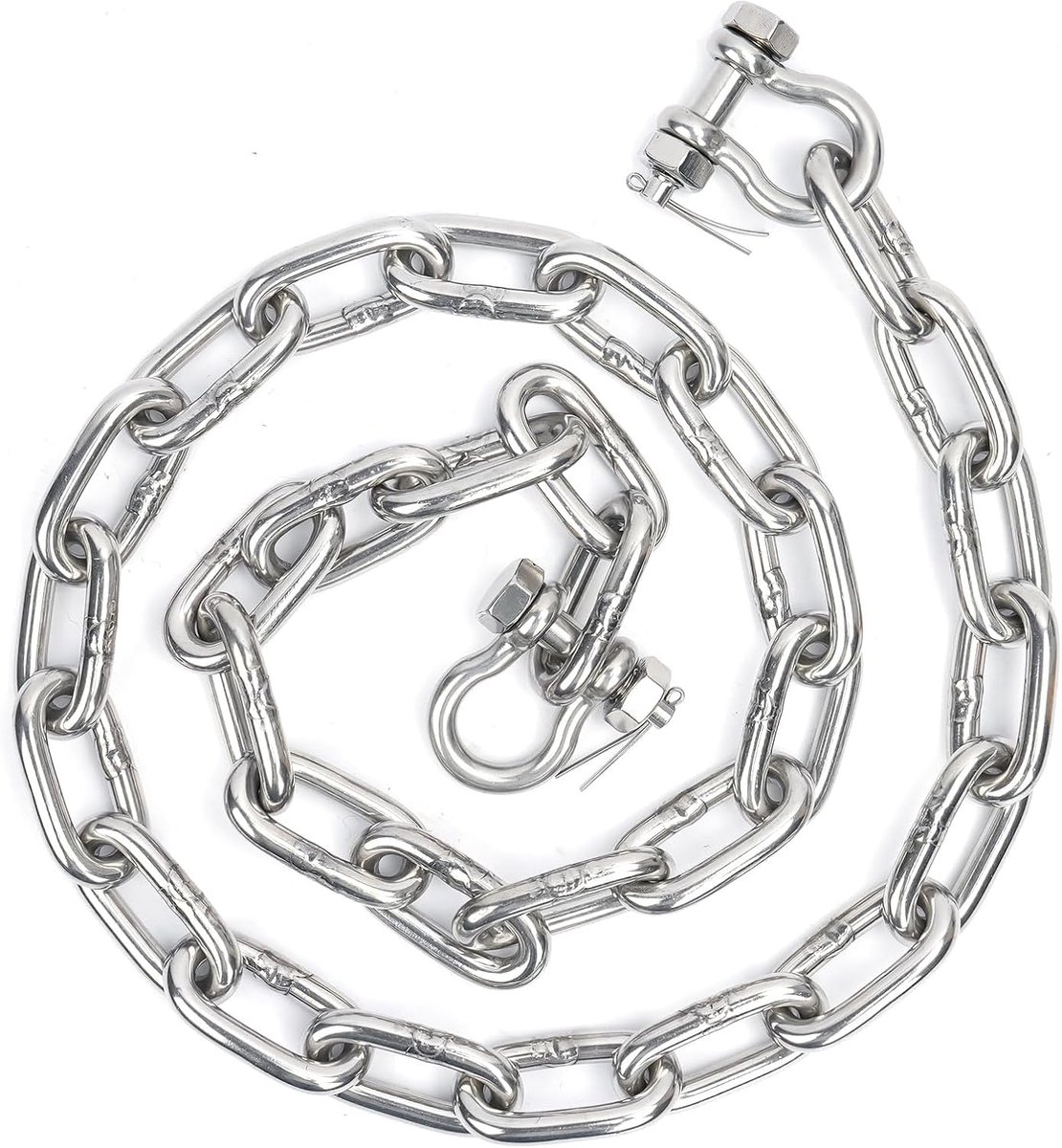 316 roestvrij staal mariene kwaliteit 1/4 inch of 5/16 inch breedte, zware ankerketting met 2 stuks anti-off dubbele beugelschakeluiteinden voor boten, ponton, dek, vissen en