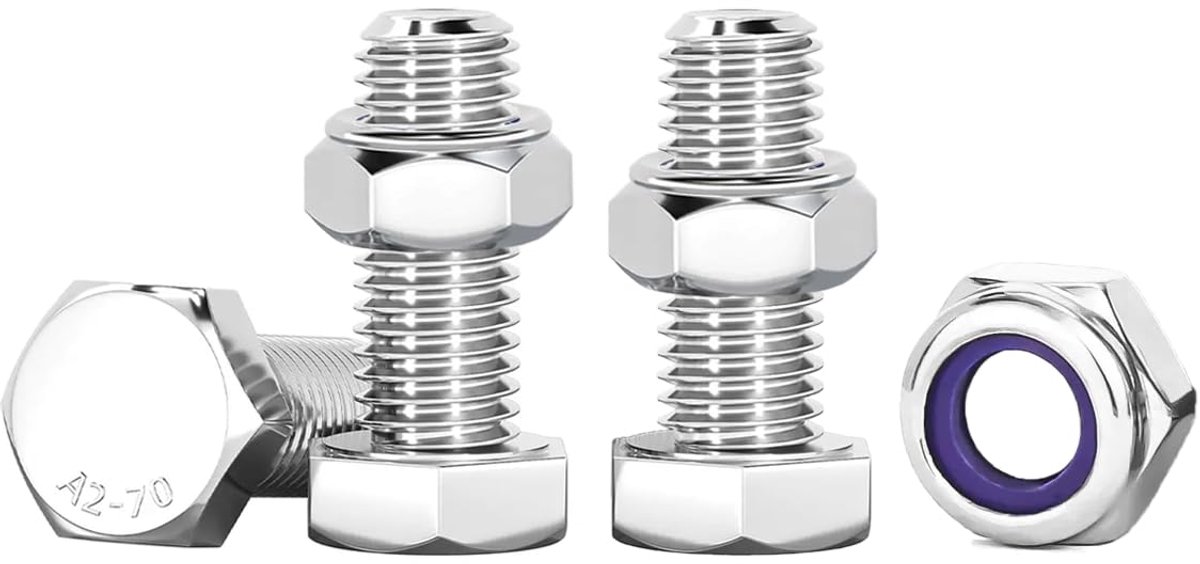 Zelfborgende bouten en moeren, M6 x 16 mm, 10 stuks zeskantschroeven en moeren, set, M6 roestvrij staal, A2, V2A, assortiment met moeren, voor machines, meubels, fietsen, 3D-print