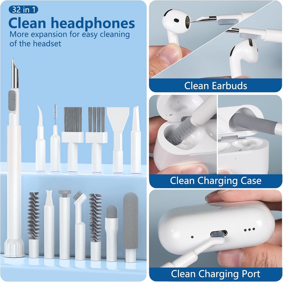 32-in-1 reinigingsset, multifunctionele elektronische reinigingsset voor Airpods Pro, toetsenbordreinigerset met ceaningdoek voor MacBook iPad, compact en draagbaar ontwerp voor oordopjesreiniger, wit