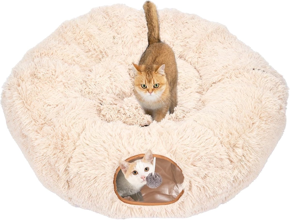 Groot kattenbed - centrale tunnelbuis met pluche pluizige donut voor binnenkatten, kittens en fretten - beige