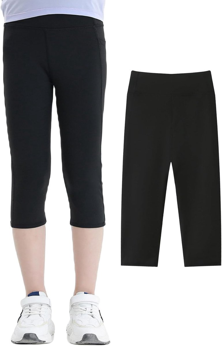 Meisjessportlegging 3/4 yogabroek met zak, effen, nauwe joggingbroek, loopbroek, sportbroek, trainingsbroek, 120-160 cm