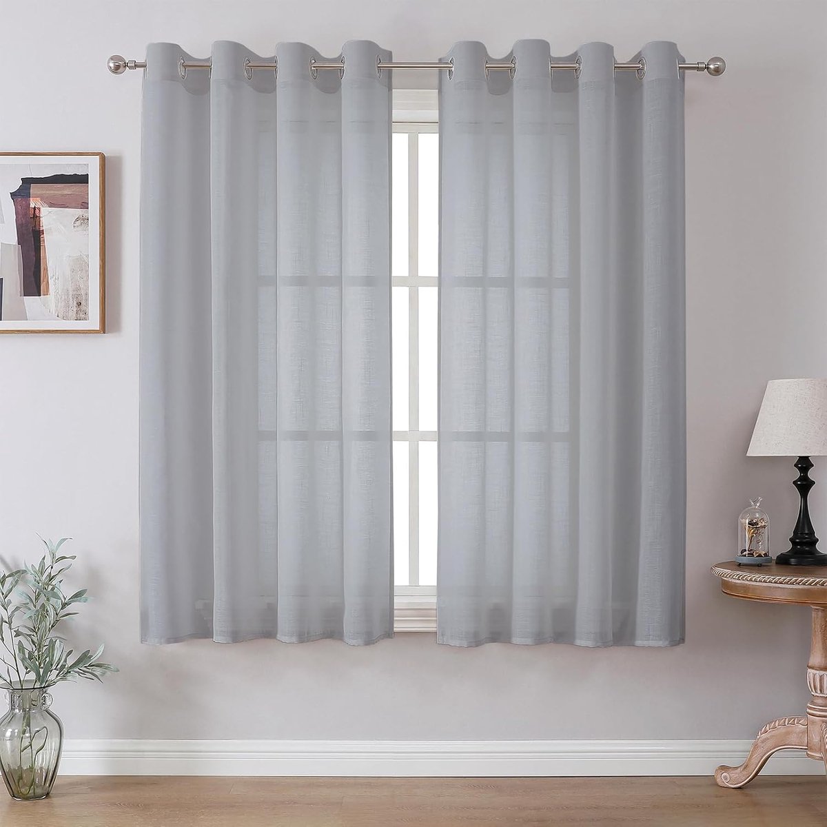 Linnen voile gordijnen met oogjes lichtfiltering gordijn voor slaapkamer woonkamer, grijs blauw, H 160 x B 140 cm set van 2