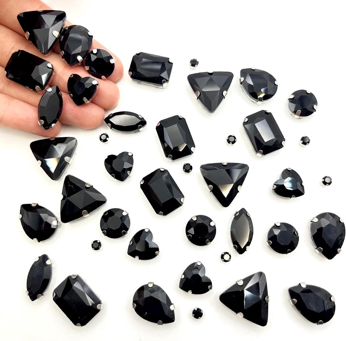 236 stuks strass-steentjes om op te naaien, glazen strass-steentjes in gemengde vormen, metalen klauwzetting glas naaien edelstenen voor doe-het-zelf knutselkleding, kleding(zwart)