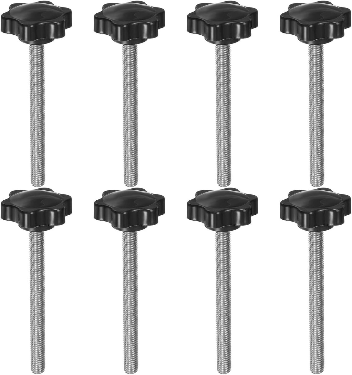 8 stuks sterknoppen M8 x 100 mm schroefdraad van roestvrij staal 304, 38 mm gekartelde knop met 6 sterren gekartelde kopschroef kunststof handgreep, zwart