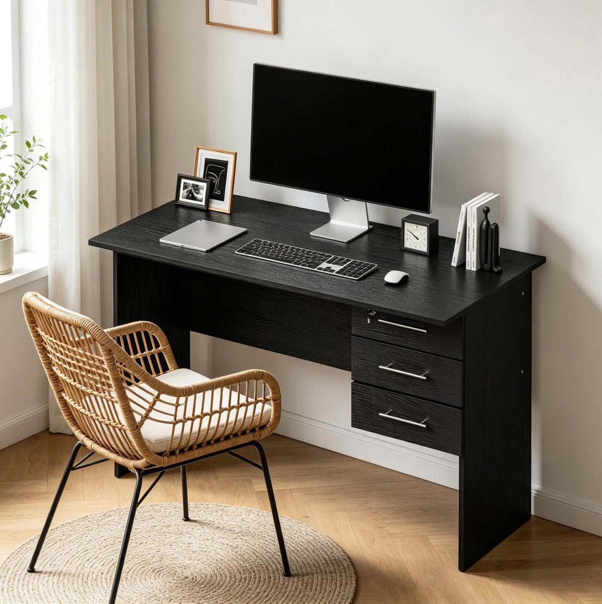 REDOM - Bureau - Computerbureau met 3 lades en slot - Houten tafelblad - Vast model - Voor kantoor, woonkamer, slaapkamer en studie - 120 x 60 x 75 cm