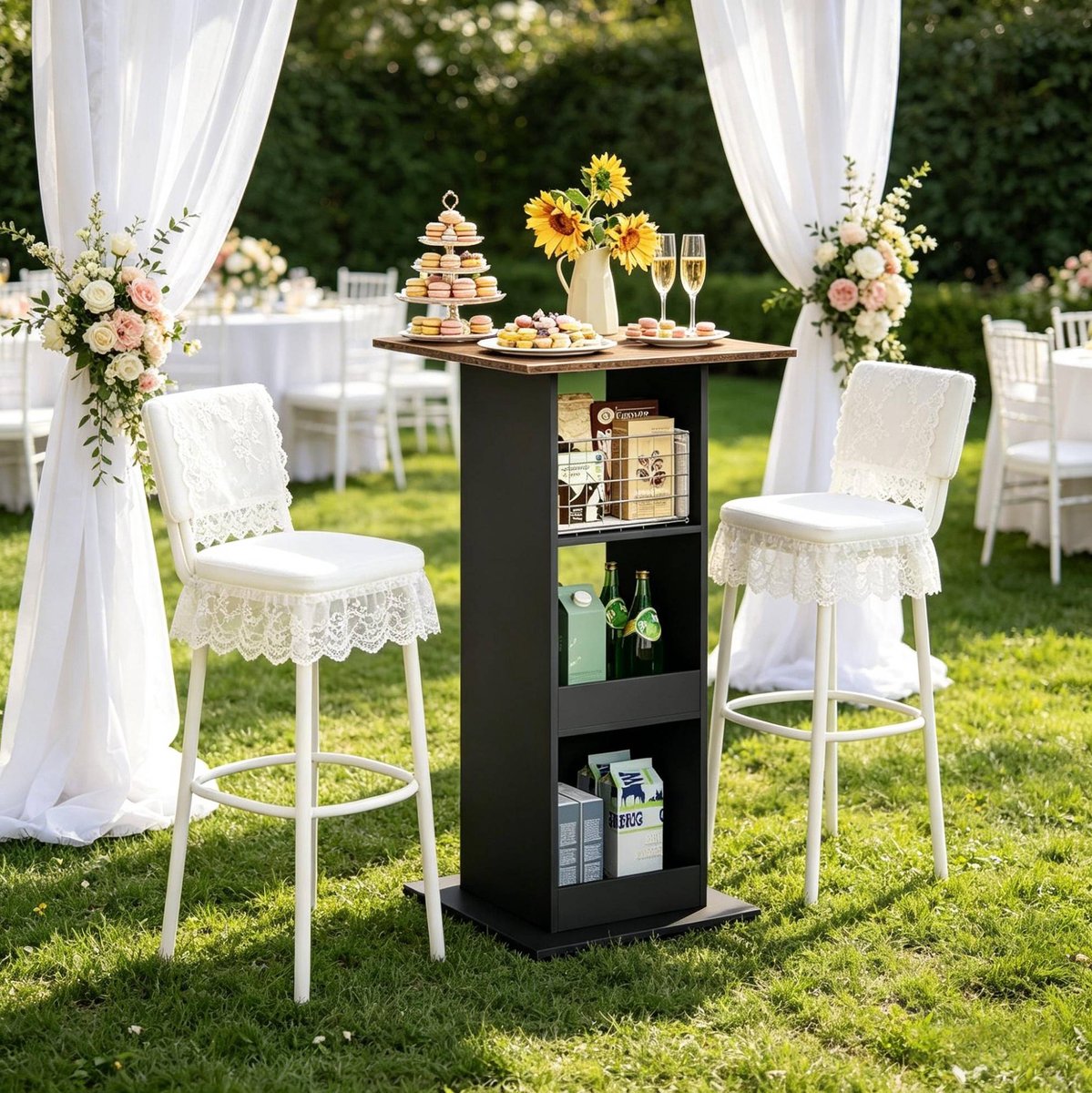 REDOM - Bartafel - 2-in-1 ontwerp - Met 3 open opbergvakken - Moderne stijl - Keuken en eetkamer - Spaanplaat - Zwart en rustiek bruin - 60 x 60 x 109 cm