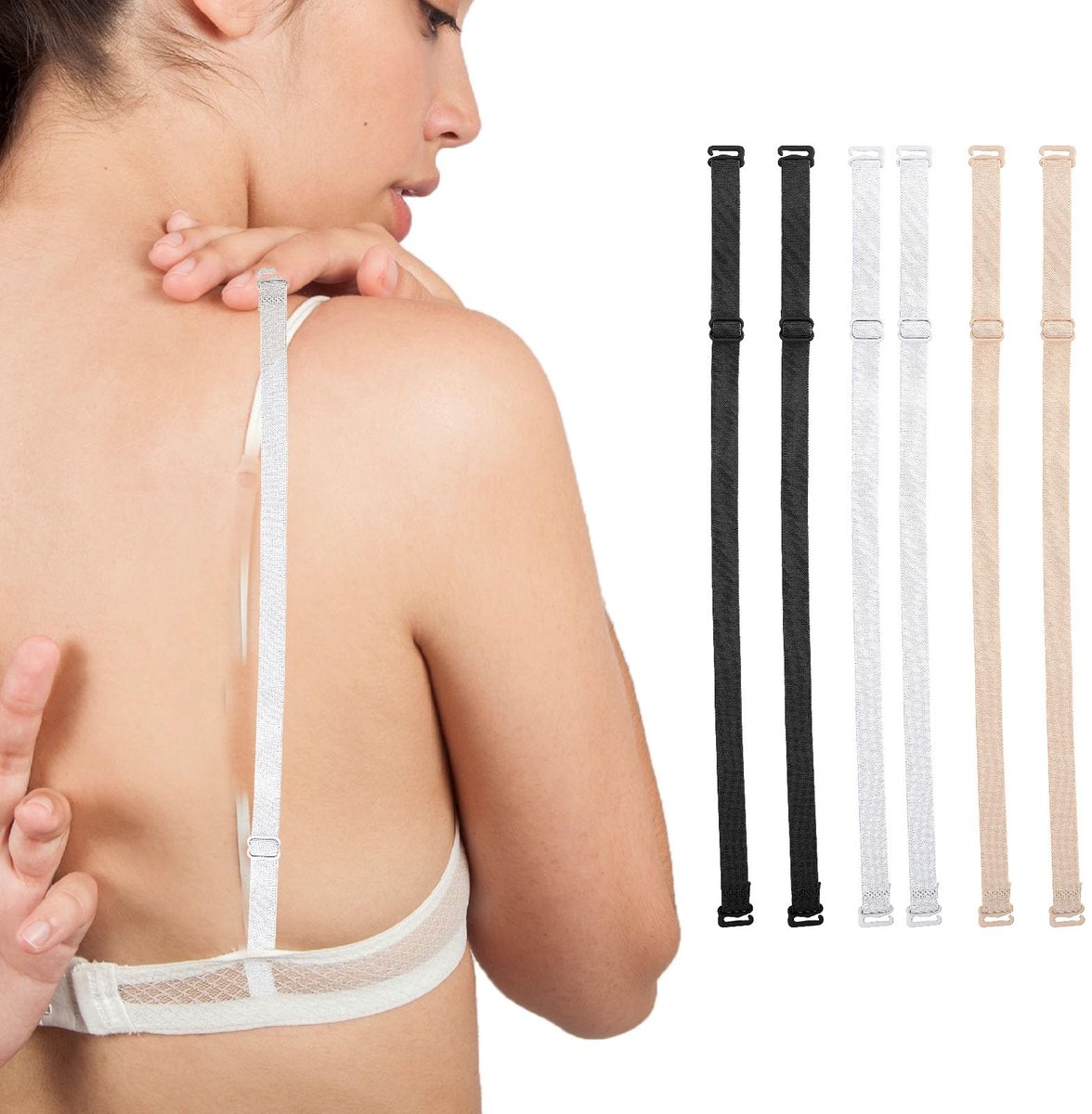 Dailygoods - Verstelbare Elastische Bh-Haakjes - 3 Pairs in Zwart, Wit en Licht Huidkleur