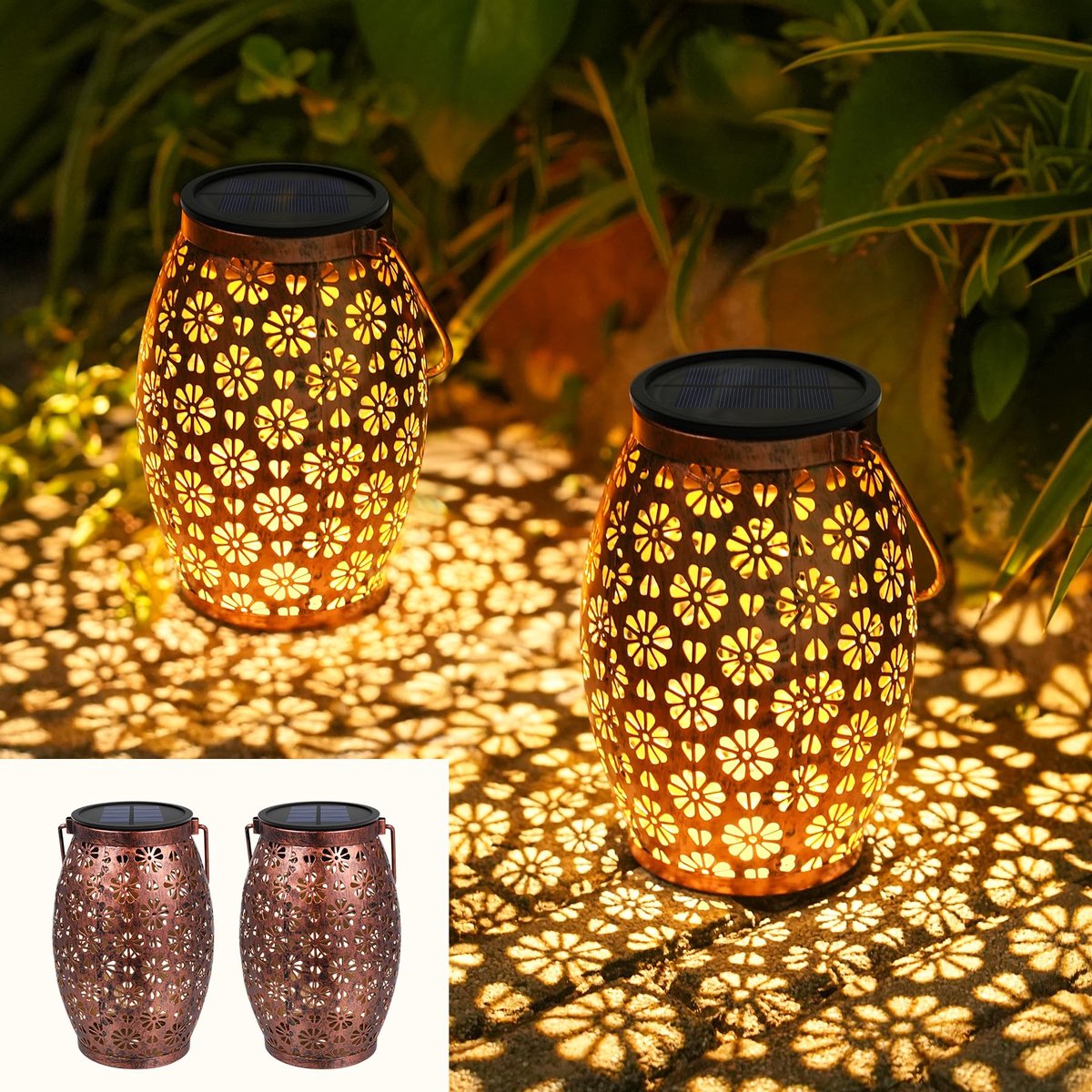 Dailygoods - Lantaarn op zonne-energie voor buiten, 2 stuks, vintage metalen hanglamp