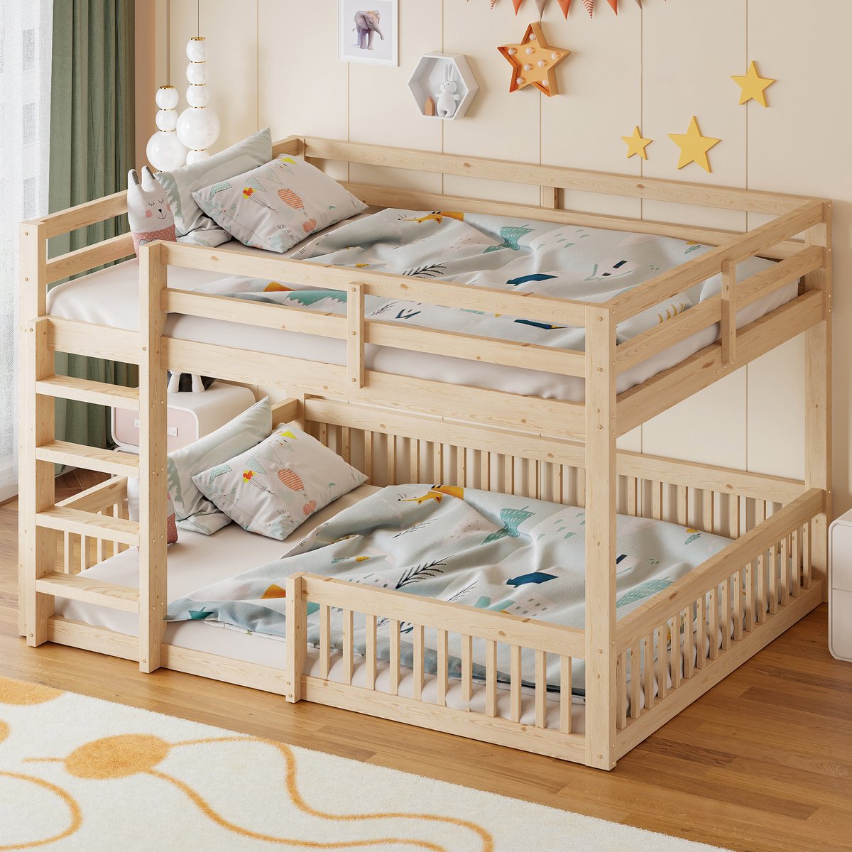 Stapelbed 160x200 cm - Houten Bed In Natuurlijke Kleur Met Veiligheidshek En Stevig Frame