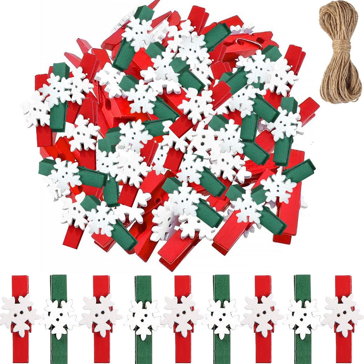 Dailygoods - 50 Mini-houten Knijpers met Sneeuwvlokkenpatroon - Perfect voor Foto's en DIY Decoraties