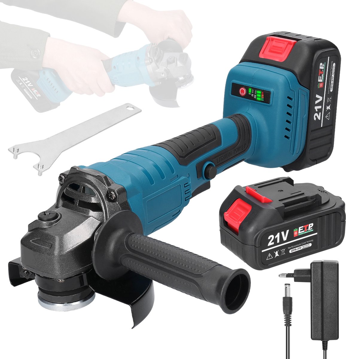 Accu Haakse Slijper – 21V 125mm M14 – Brushless Motor – 2 Accu’s 1300mAh – Voor Slijpen Snijden en Polijsten