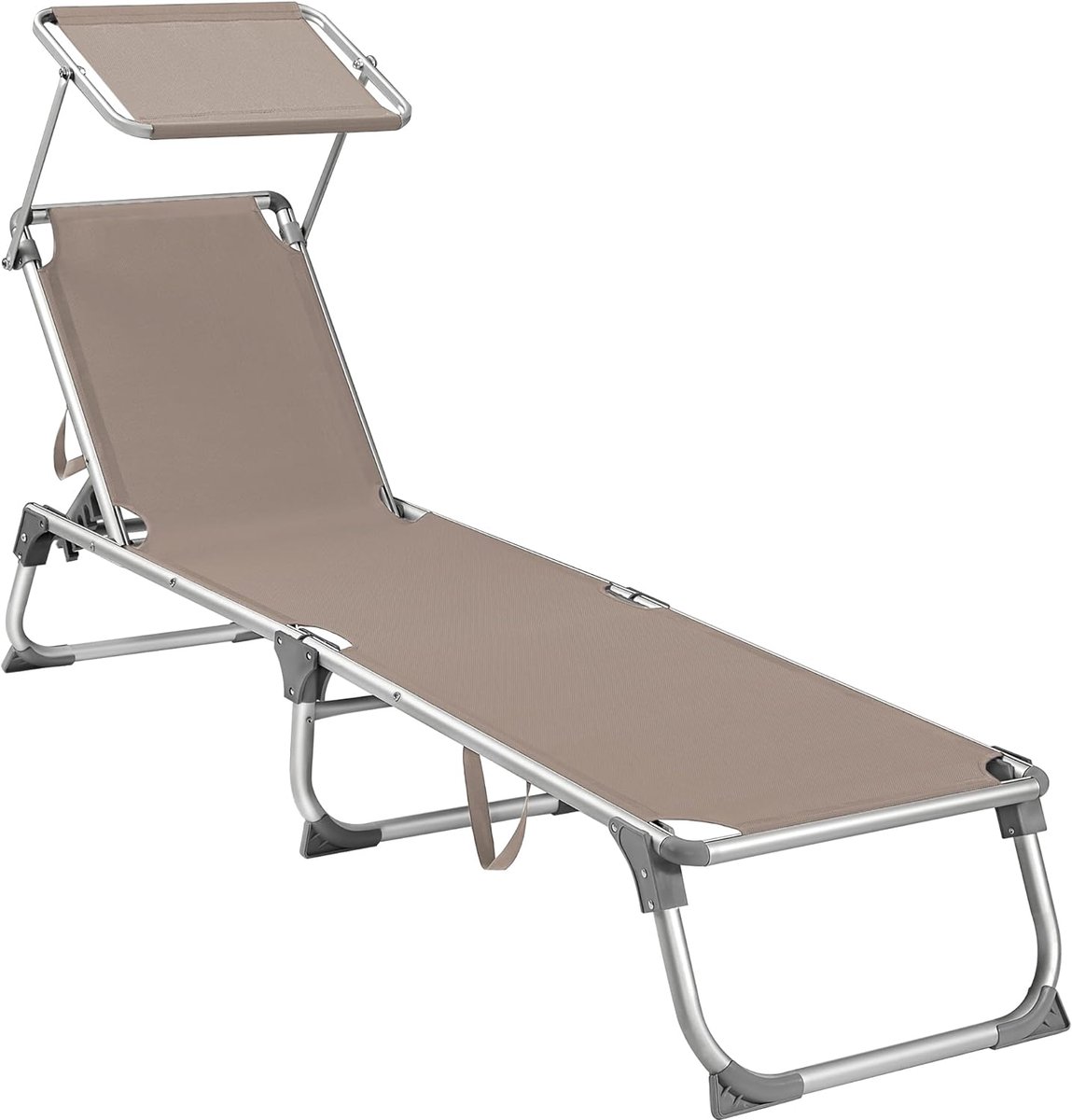 SONGMICS Ligstoel - ligbed - zonnebed met verstelbare rugleuning en zonnescherm, opvouwbaar, lichtgewicht, 55 x 193 x 31 cm, maximaal draagvermogen 150 kg, voor tuin of terras, taupe