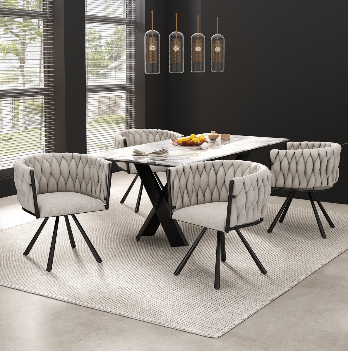 COVREO Draaibare eetkamerstoel set van 4 59x54x72 cm - beige stof, zwart metalen onderstel met armleuning