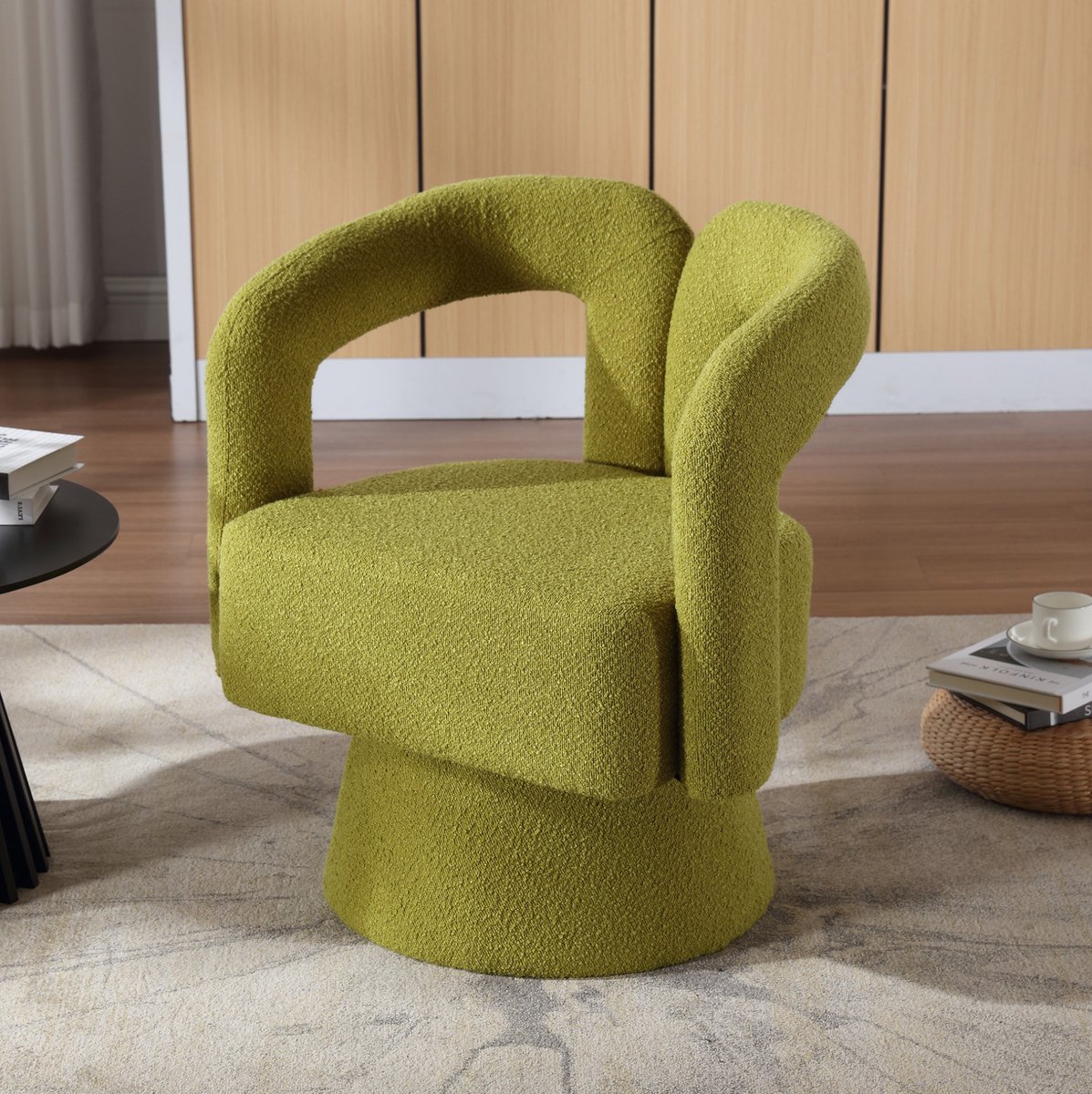 COVREO Draaibare fauteuil 67 x 55 x 74 cm - olijfgroen bouclé, metalen voet, 360 graden draaibaar