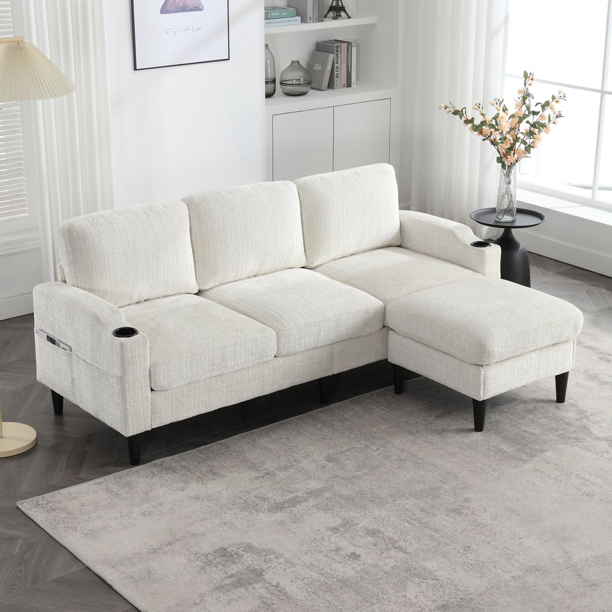 COVREO 4-zits bank 196,5x75x77 cm beige chenille met hocker, opbergruimte en bekerhouders