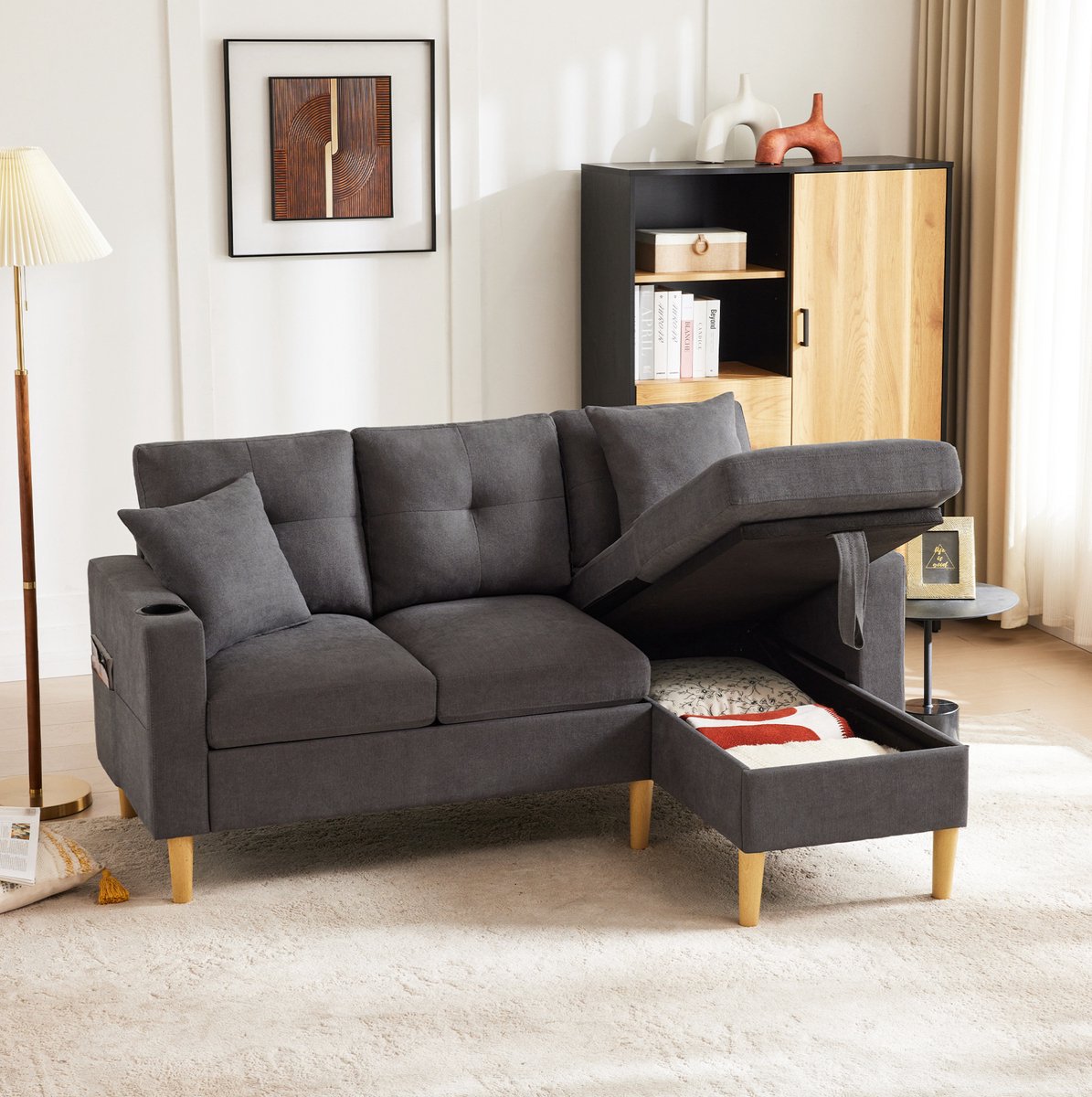 COVREO Hoekbank 175x129x90 cm - donkergrijs katoen-linnen, opbergruimte en bekerhouders