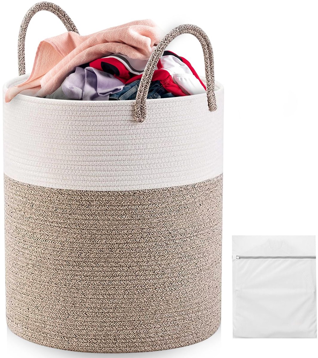 SnelShoppen - Katoenen Wasmand 58L met 2 Waszakken, Versterkte Handvatten, Multifunctioneel voor Wasgoed, Speelgoed en Dekens - Wit/Beige