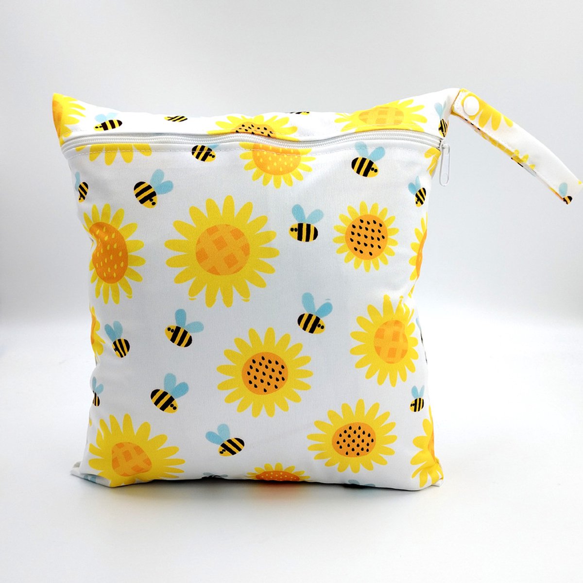Set van 3 Zonnebloem & Bij Print Baby Luierzakken 28×30cm | Waterafstotende Ritsopbergtassen voor Luiers en Natte Babykleding