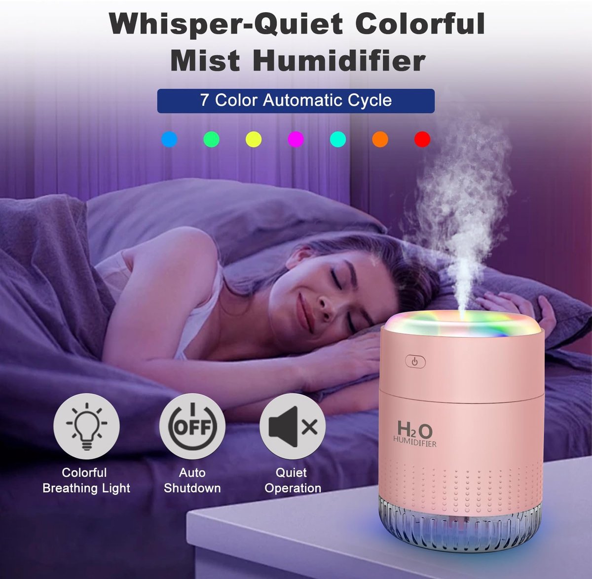 SnelShoppen - Mini Luchtbevochtiger voor Slaapkamer en Kantoor, Stille 350ml Bevochtiger met 7 Kleuren LED Licht, Automatische Uitschakeling, Roze, Id