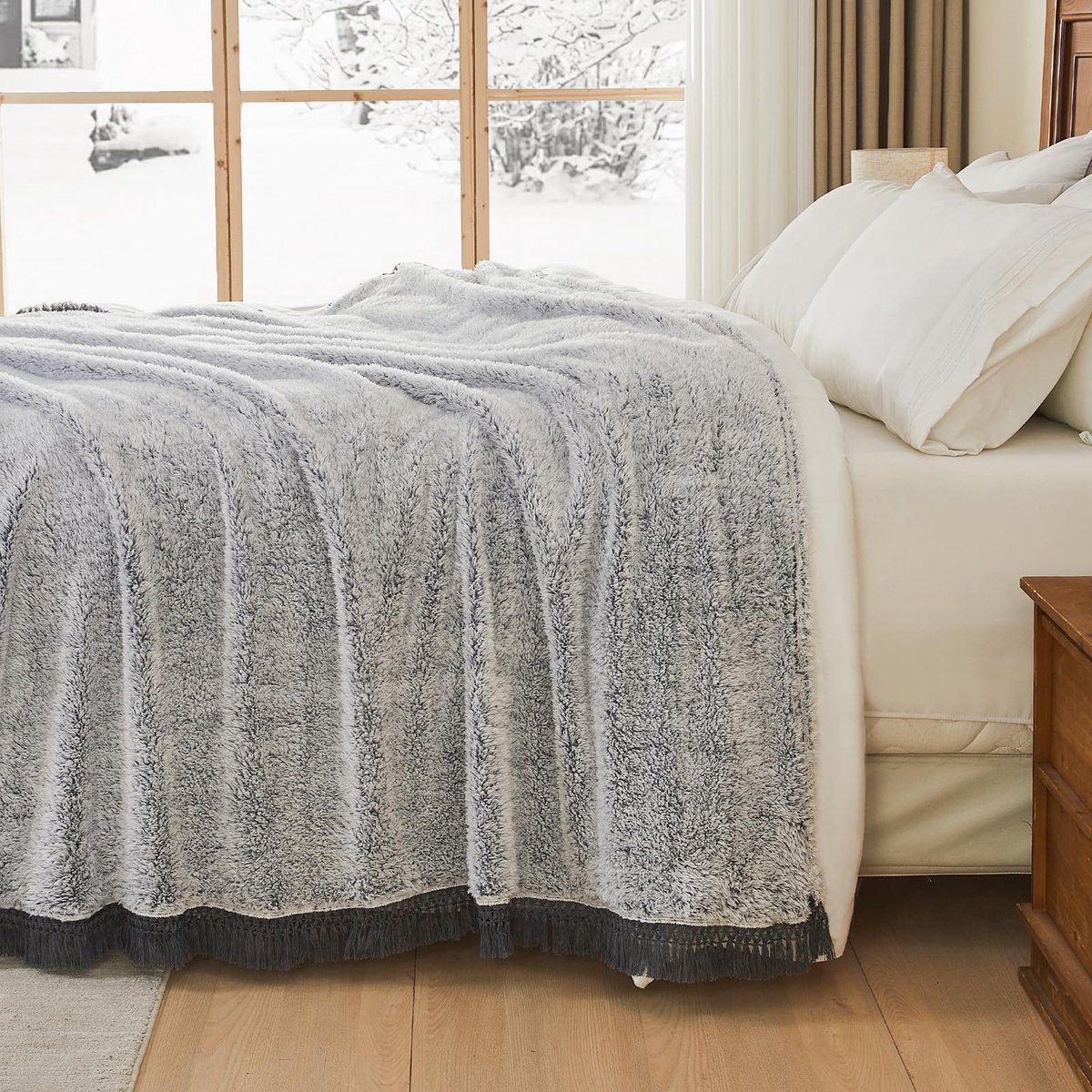 SnelShoppen - Fuzzy Fleece plaid 152x203 cm met kwastjes - Ultrazachte warme sherpa microvezel voor bank en sofa - Lichtgewicht omkeerbaar dekentje vo