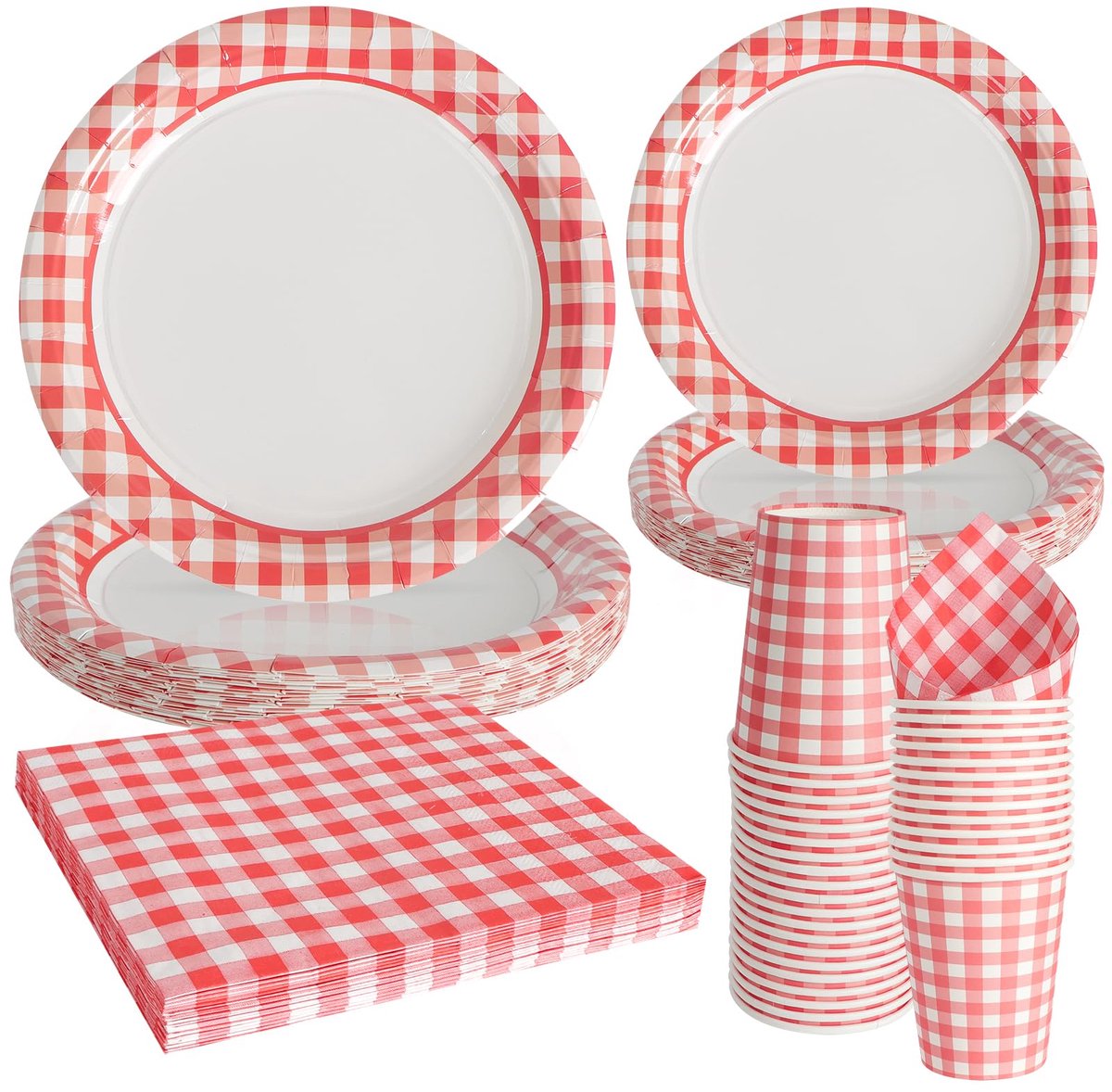 SnelShoppen - 96 Stuks Rood-Wit Geruit Feestservies - Papieren Borden, Bekers & Servetten voor Verjaardagen, Feestjes en Tuinfeestjes