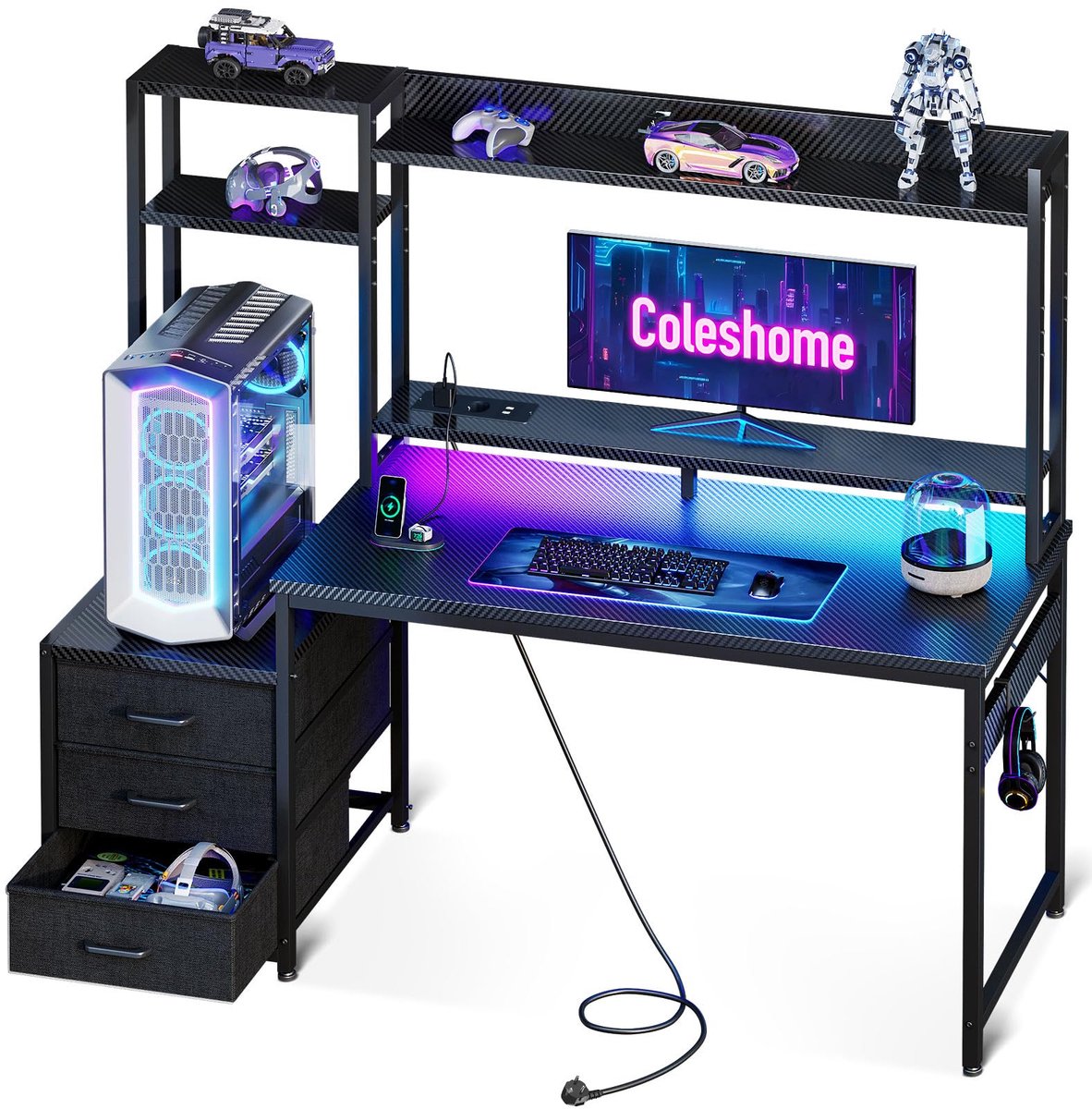 SnelShoppen - Gamingbureau 120x48 cm met LED-verlichting, Ingebouwd Stopcontact, Plank & Lades, Ideaal als Computertafel voor Thuiswerk & Gamers