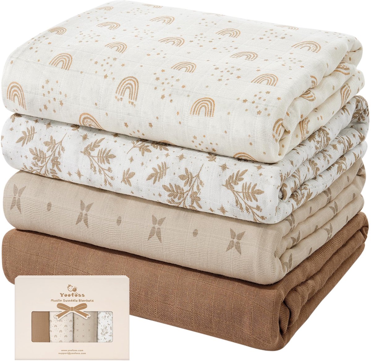 SnelShoppen - Set van 4 Baby Bakerdoeken 120x120 cm - Katoenen en Bamboe Doeken als Babydeken, Bakerdeken, Badhanddoek, Wikkeldeken, Mulldoekjes in Di