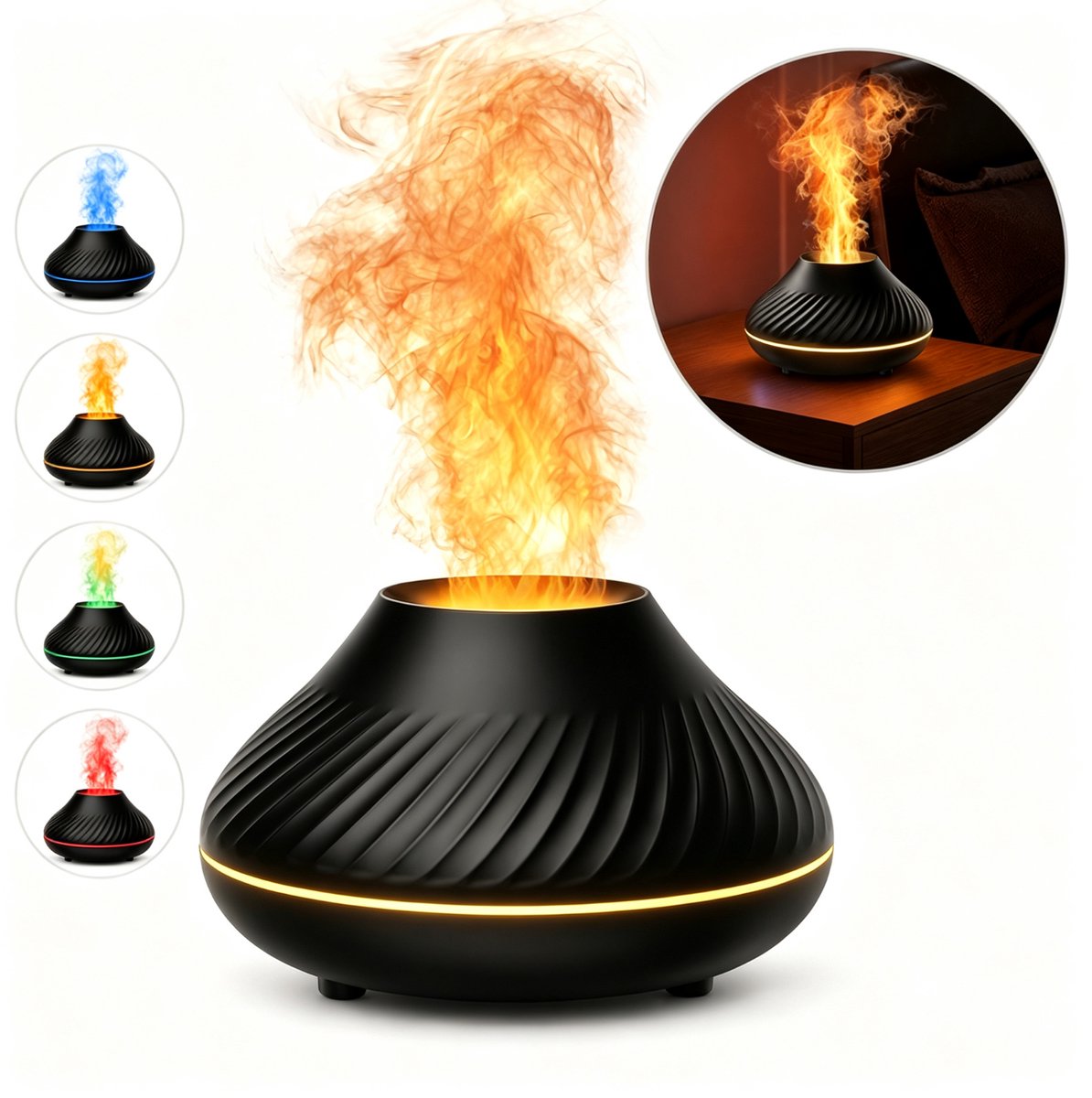 Aroma Diffuser met Vlameffect - 2-in-1 Luchtbevochtiger en Aromatherapie Diffuser - 4 Lichtstanden - 130ml - Vernevelaar voor Etherische Oliën - Mat Zwart