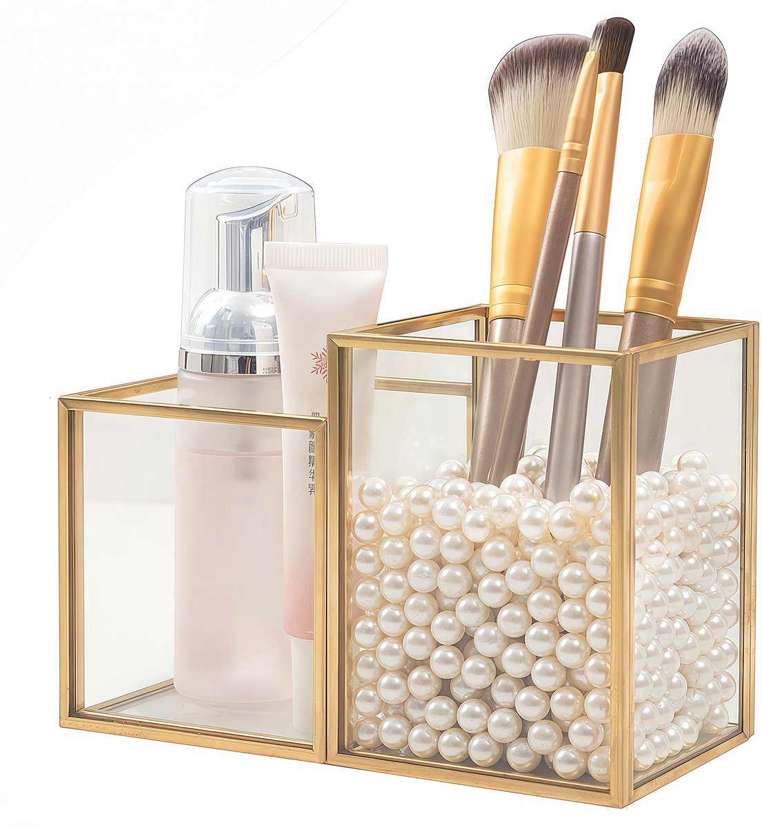 SnelShoppen - Make-up Kwasthouder Goud - Cosmetica Organizer van Glas - Cosmeticakwastenhouder voor Make-up, Lippenstiften, Eyeliner & Mascara - Perfe