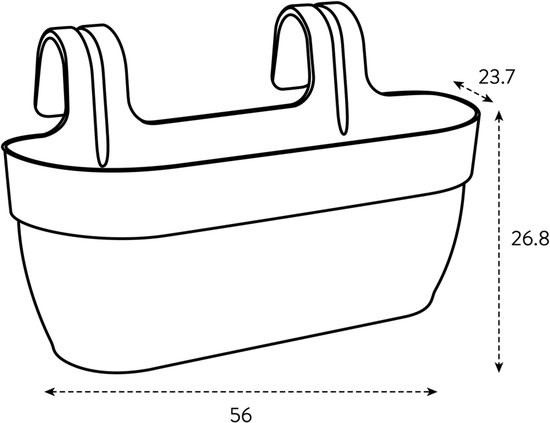 Schematische tekening van een witte Elho Vibia Campana balkonbak met afmetingen.