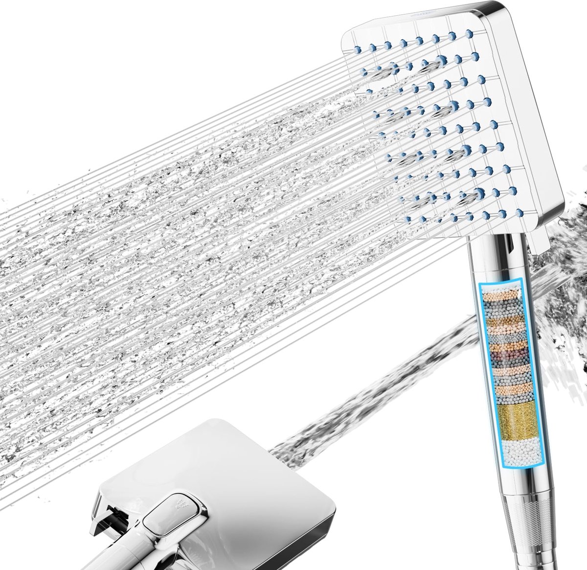 SnelShoppen - Filterdouchekop met slang voor hard water, hogedruk waterbesparend, vierkante handdouche met 20-traps filter, 6 + 1 straalsoorten, verwi
