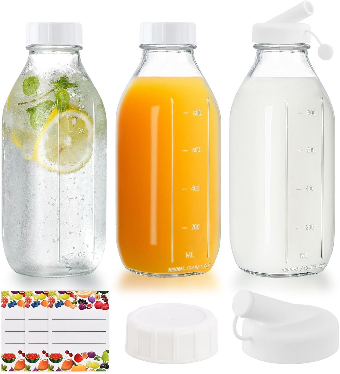 SnelShoppen - Set van 3 Herbruikbare Glazen Flessen 1 Liter met Deksel en 2 Schenktuiten voor Melk, Sappen en Dranken - Ideaal voor Keuken, Feest, Cam