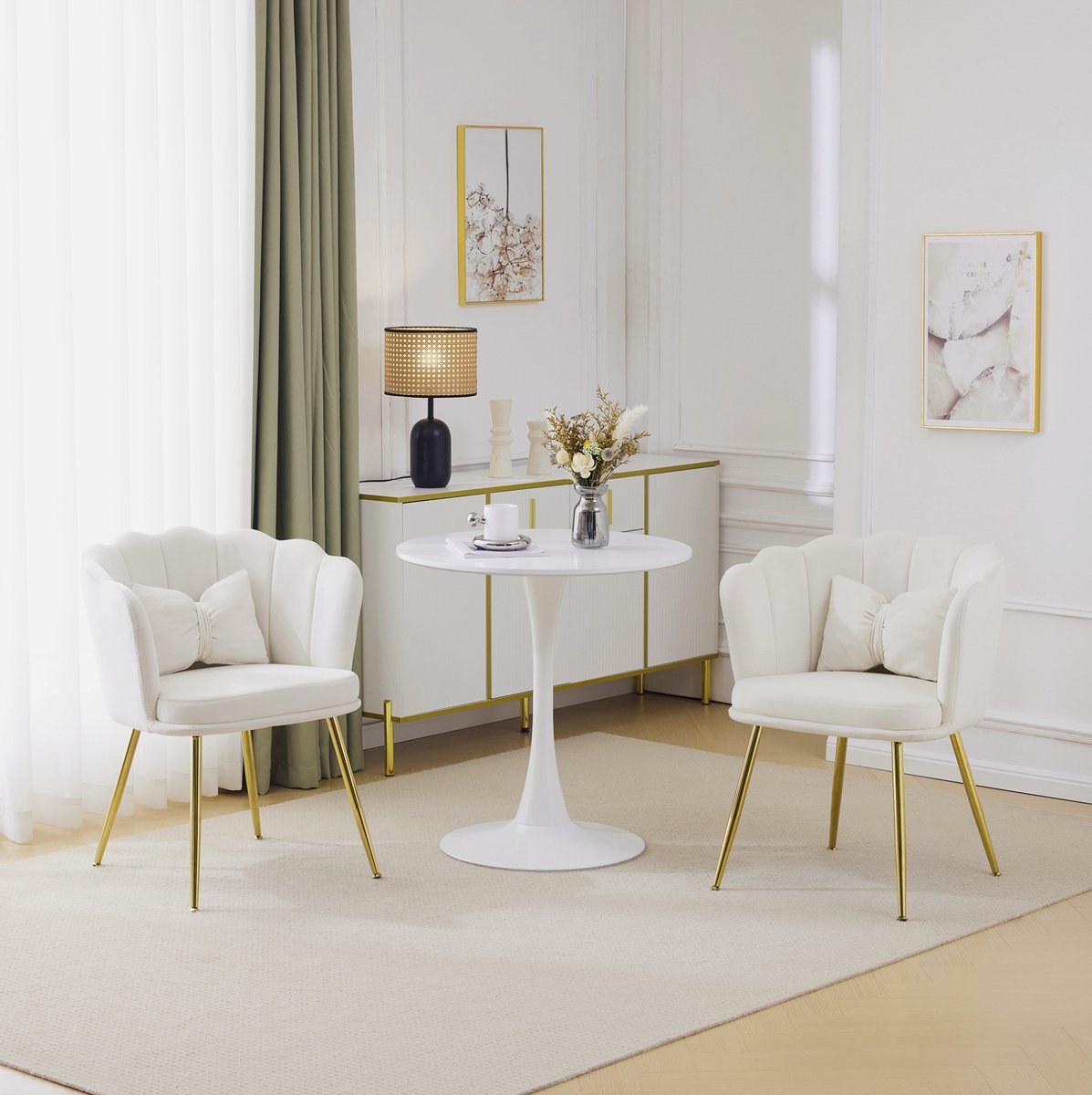 COVREO Fauteuil set van 2 63 x 58 x 77 cm beige velvet met armleuningen en gouden poten