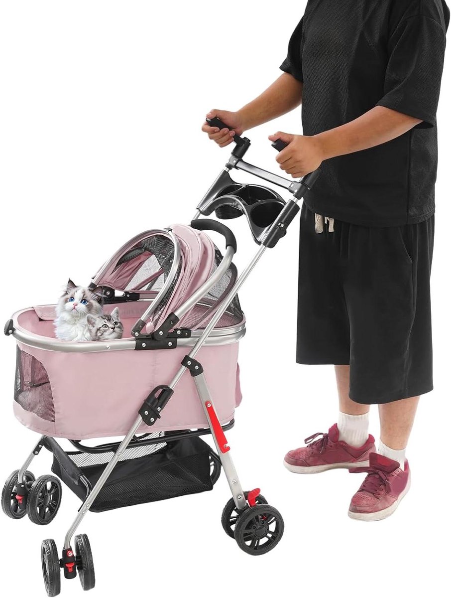 Hondenbuggy Opvouwbaar - Huisdier Trolley - Comfortabel Reizen - Afneembare Draagtas - Tot 12 kg - Roze