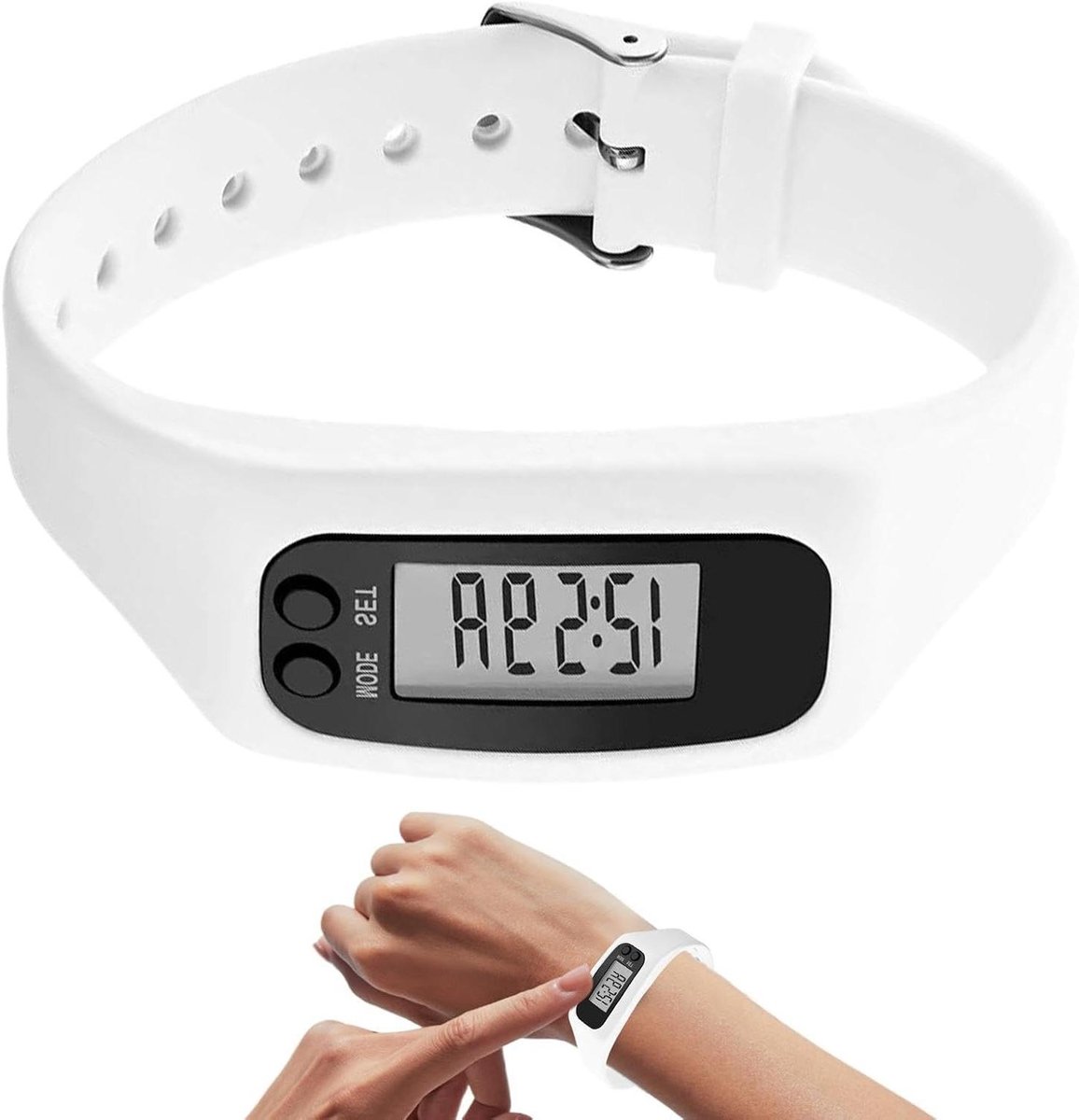Stappenteller Horloge - Fitness Tracker - Gezondheid Bijhouden - Geen App Nodig - 25 cm - Wit